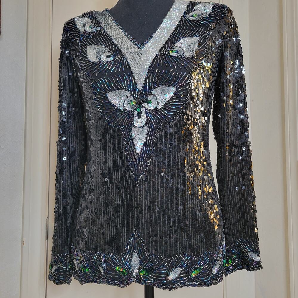 VTG Hina Trading Co. Silk Sequin Beaded Irredescent Long Sleeve Formal Blouse✨️M